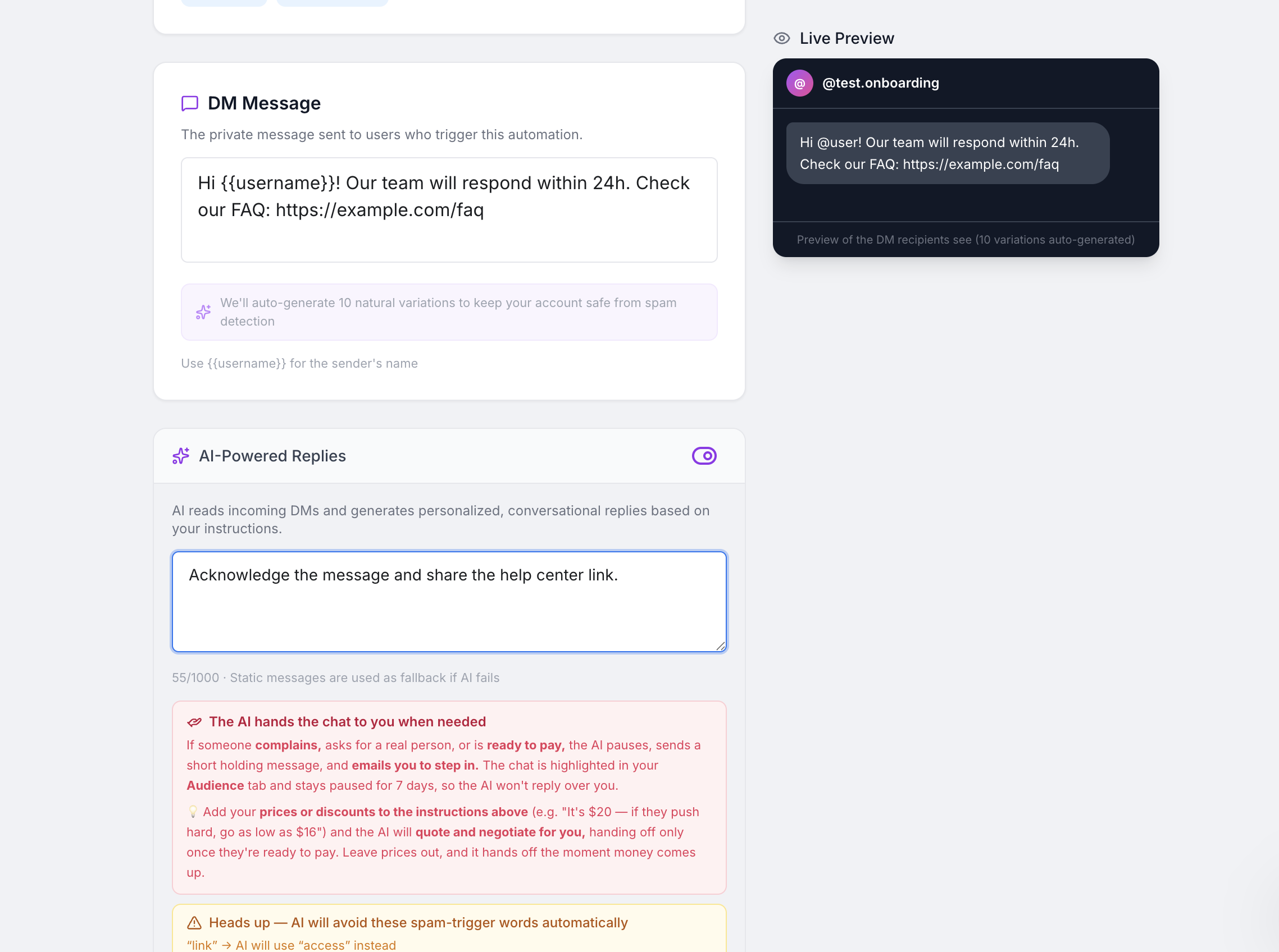 AI reply instruction field inside the automation builder