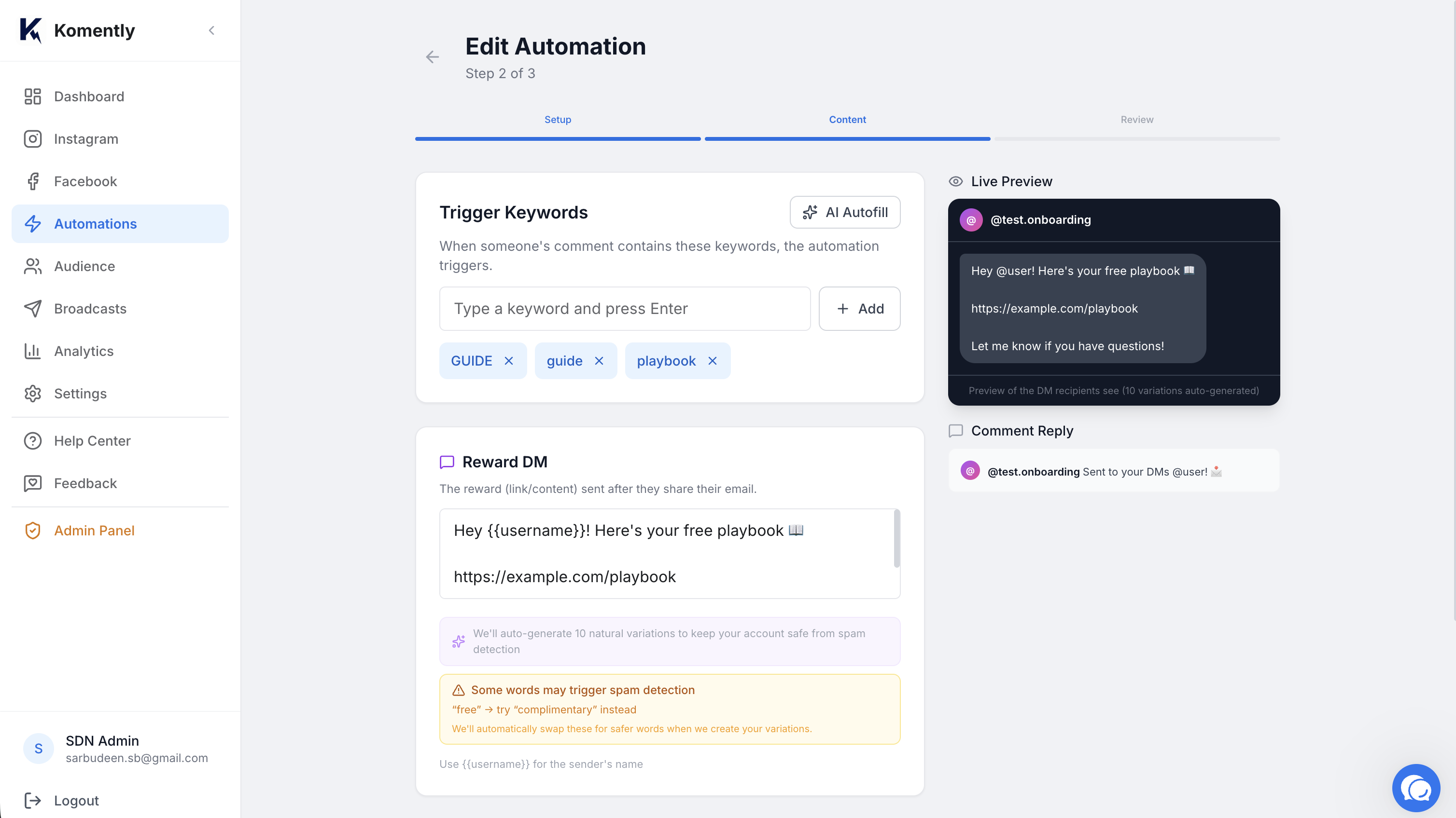 Komently automation builder showing the trigger keyword, public comment reply, and the DM message fields