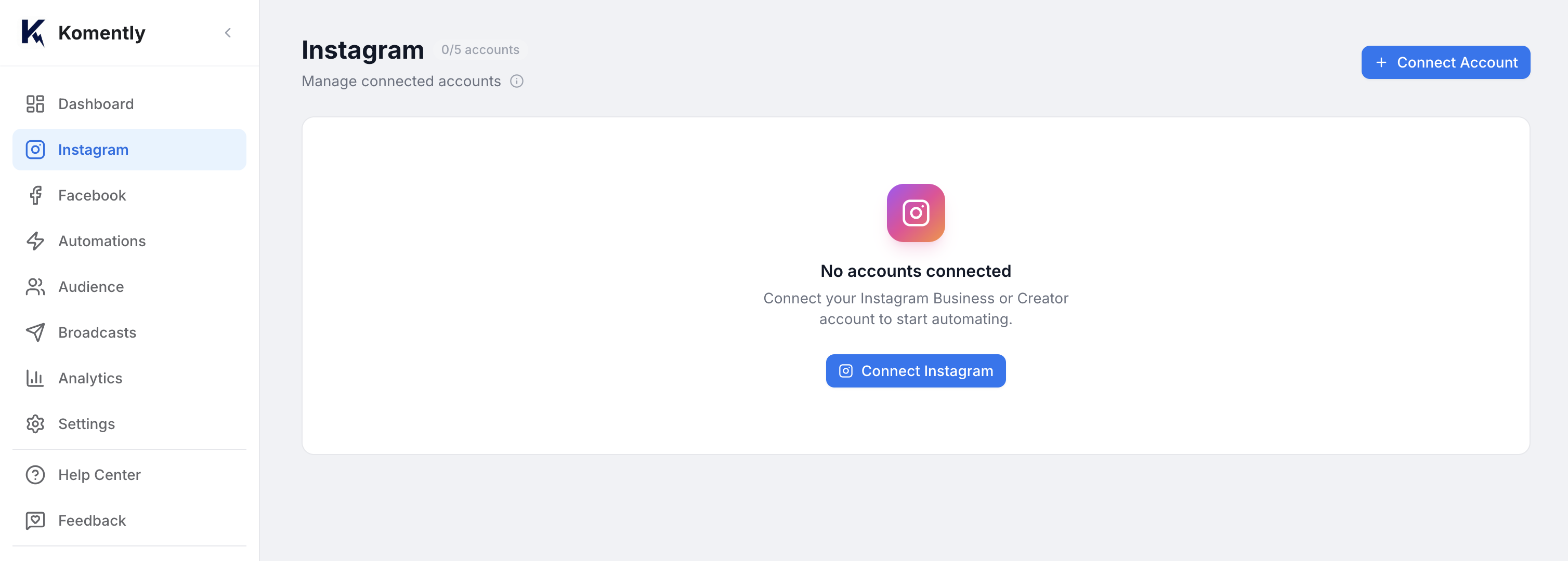 Instagram page with the Connect account button